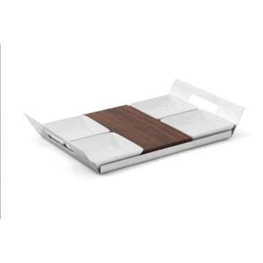 ELLEFFE DESIGN - vassoio in acciaio inox 18/10 con 4 porcellane e 1 tagliere in legno